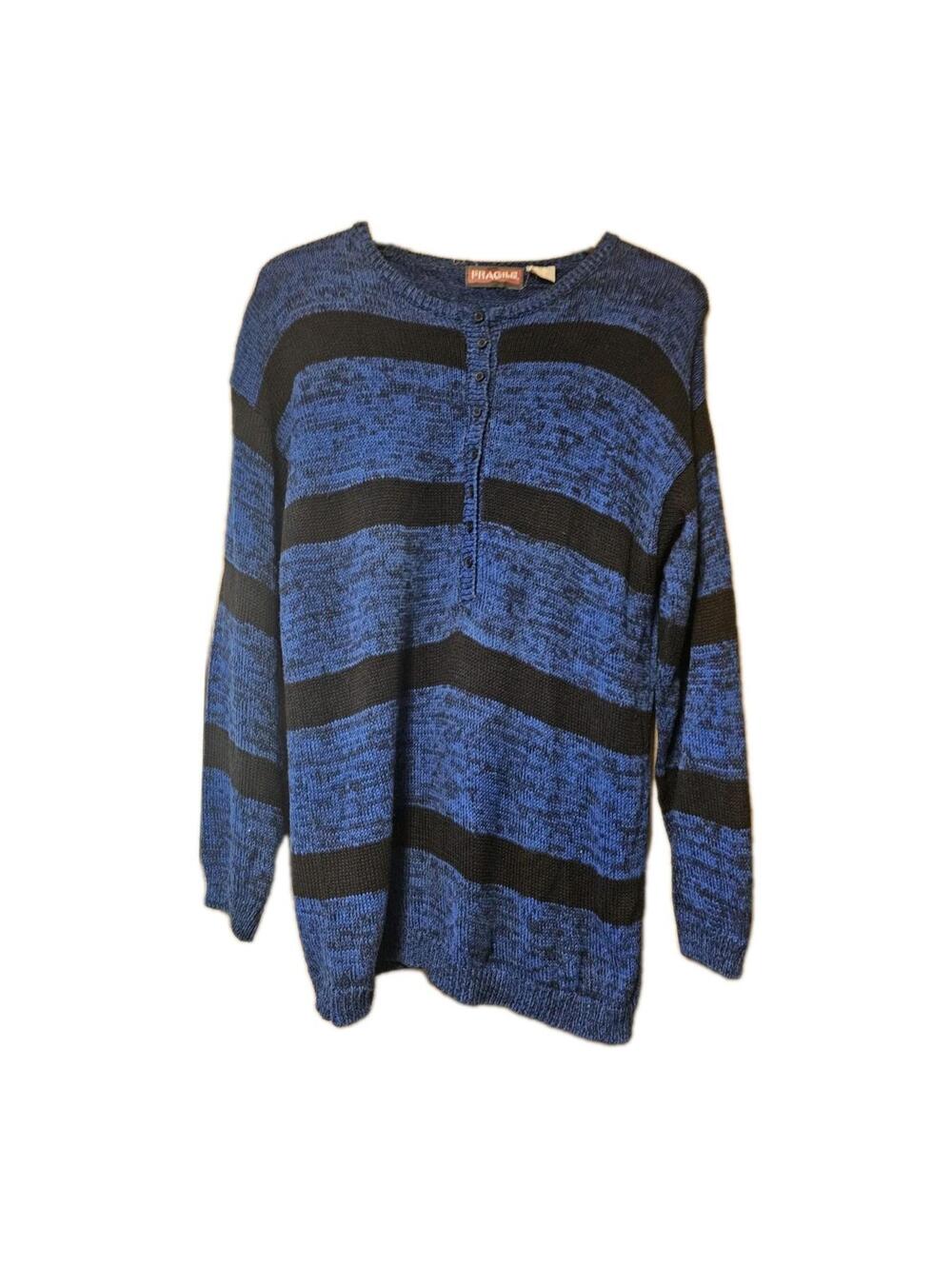 Fragile Henley Knit Sweater Blue Black Lg Buttons Longsleeve 80s 90s Grunge VTG